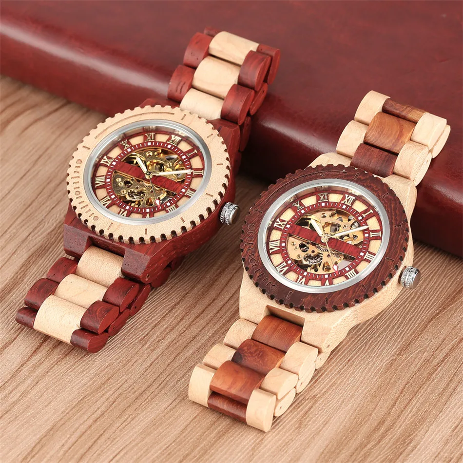 

REDFIRE Creative Natural Wood Watch Men Mechanical Wristwatch Golden Skeleton Automatic Movement Luxury Men's Wooden Watch