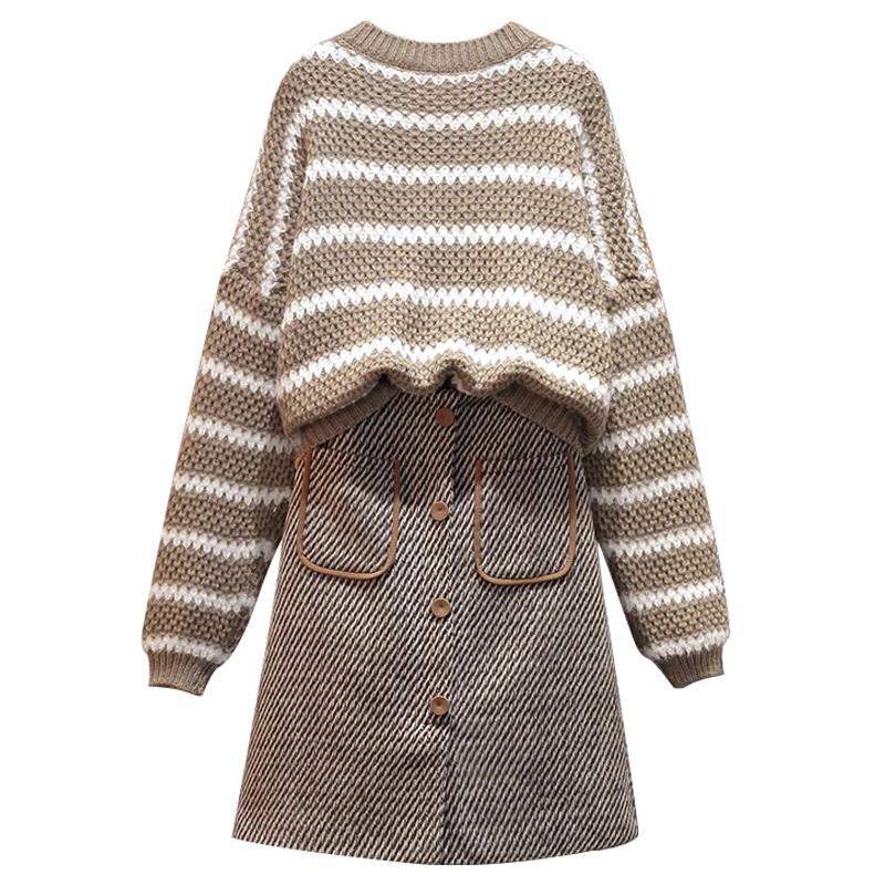 

Blue Khaki Pullover Dress 2pcs Sets Women Plus Size Striped Sweater Top Front Pocket A-line Skirt Suit Autumn Winter Outfits