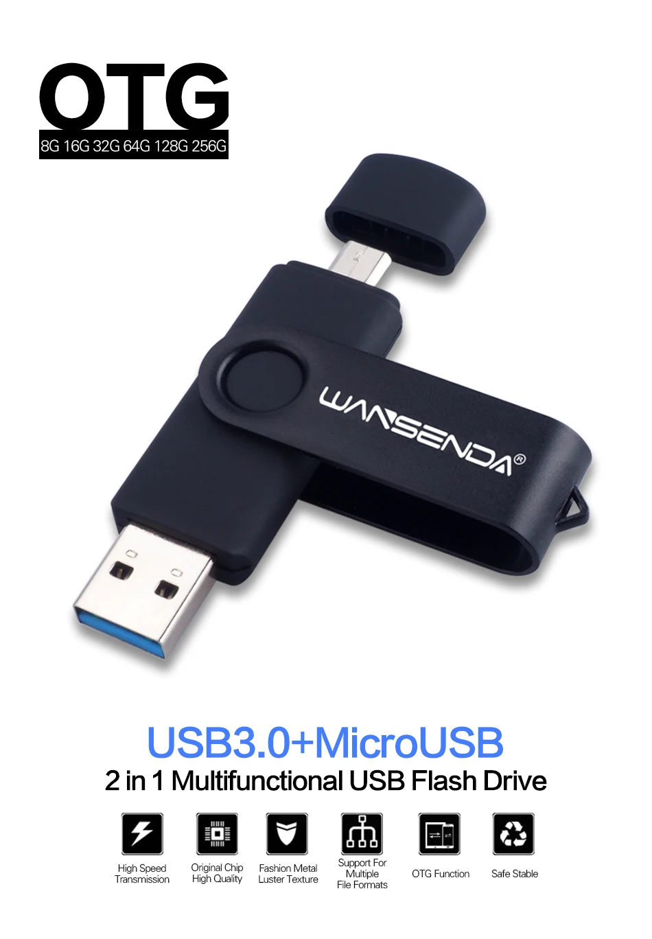 Новая USB флеш-накопитель Wansenda 3,0, 256 ГБ, 128 ГБ, 64 ГБ, 32 ГБ, 16 ГБ, 8 ГБ, OTG, 2 в 1, высокоскоростная Флешка для Android/PC