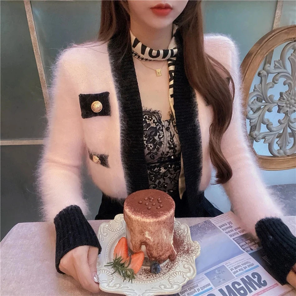 Женские кардиганы в японском стиле милый розовый вязаный мохеровый свитер