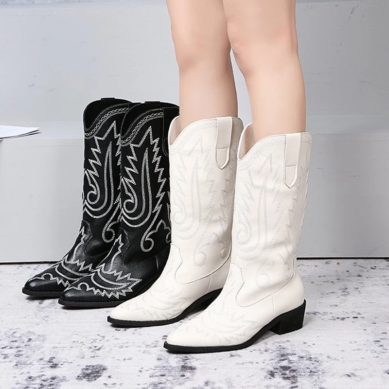 

New Mid Calf Boots for Women 2021 Embossing Western Cowboy Boots Square Heel Shoes Autumn Spring Female Knight Botas Feminina