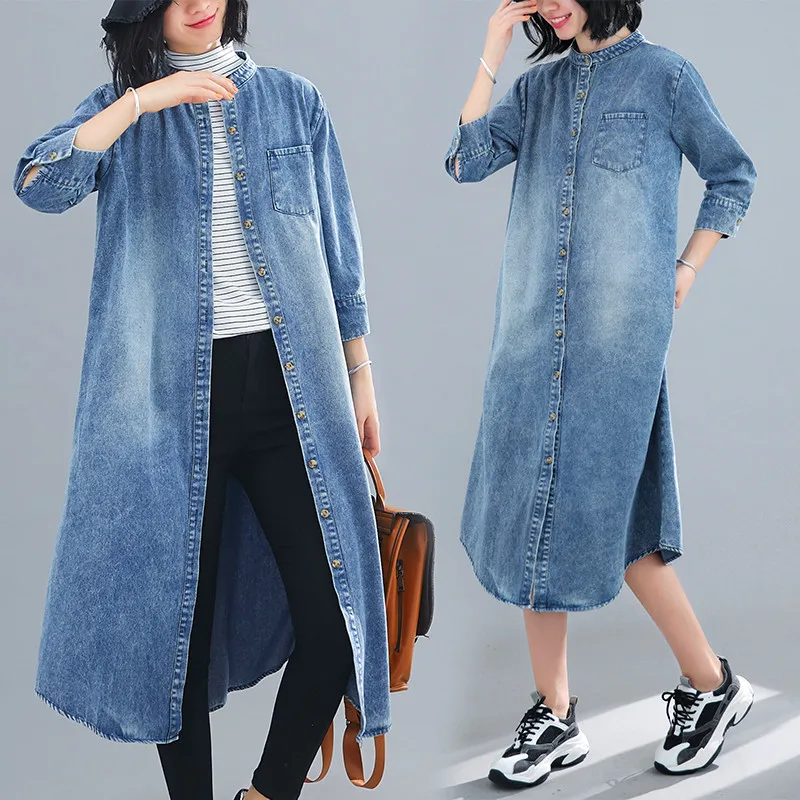 

New Spring Autumn Women Trench Casual Loose Plus Size Retro Loose Single Button Long Style Denim Coat For Female Jeans Trench