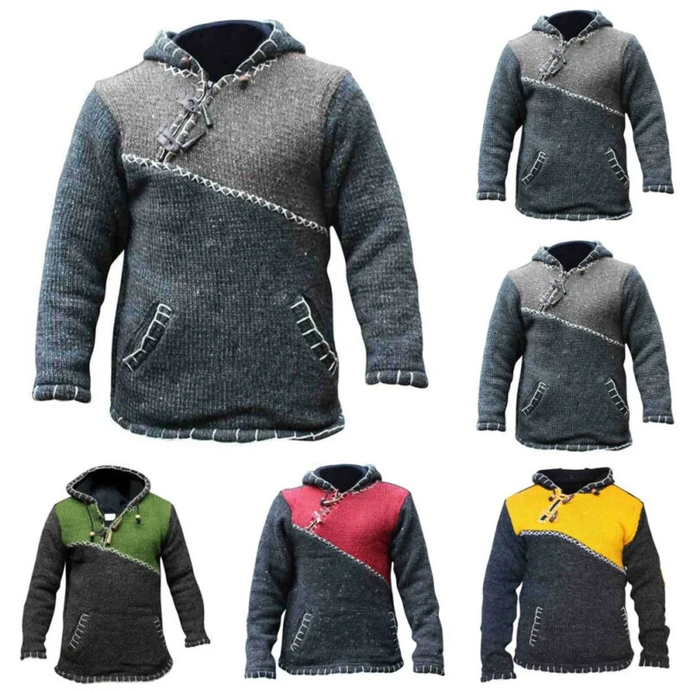 

Mens Long Sleeve Hooded Knitted Jumper Pullover Warm Hoodie Sweatshirt Outwear