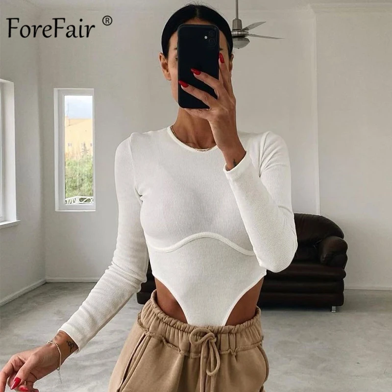 Forefair Ribbed Long Sleeve Bodysuit Cut Out High Neck Slim Casual Knit Basic Sexy Gray Winter Women Body Corset Top