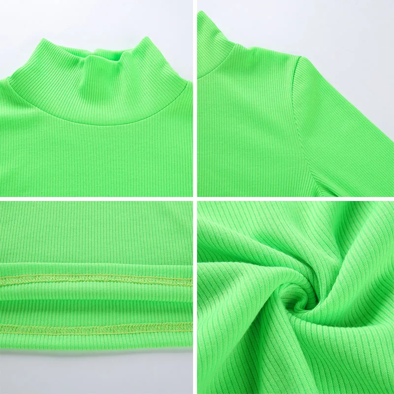 Осень Зима неоновый цвет ребристая футболка для женщин с длинным рукавом