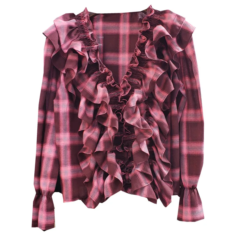 

Retro V-neck Plaid Shirt Women's New Fashion Ruffle Top Sweet Flare Sleeve Girl Ladies All-Match Loose Blouses Blusas Femme