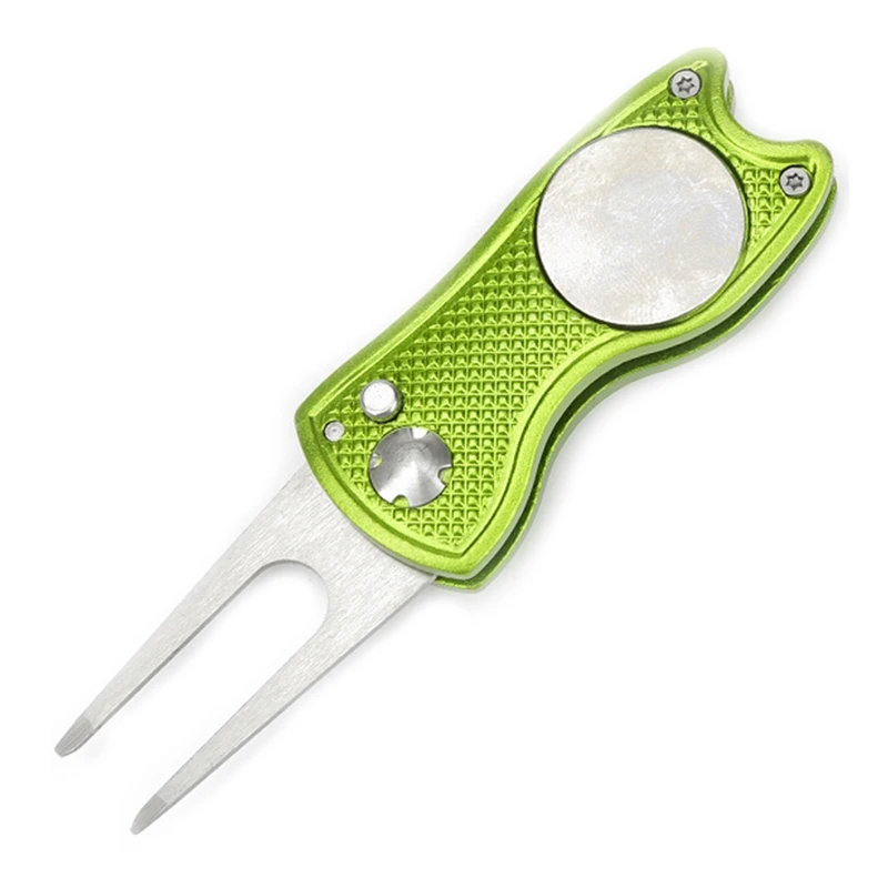 

Stainless Steel Folding Golf Divot Repair Fork with Magnetic Button Pitch Groove Remover Cleaner Pitchfork Switchblade Tool