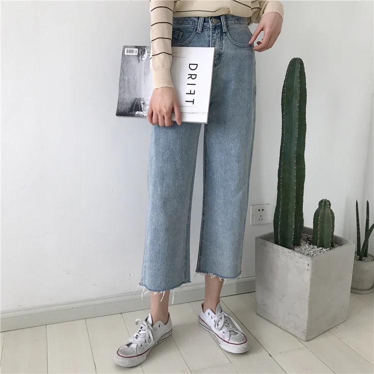 

Retro Light Blue Wide Leg Jeans Women Fashion Raw Edge Trousers Women'S Jeans Cotton Quality Harajuku Cropped Pants