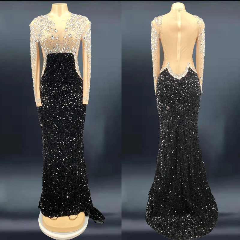 

Luxurious Rhinestone Dress Two-Color Stitching Tail Dress Women Birthday Celebrate Outfits Evening Prom Dresses Costume XS3282