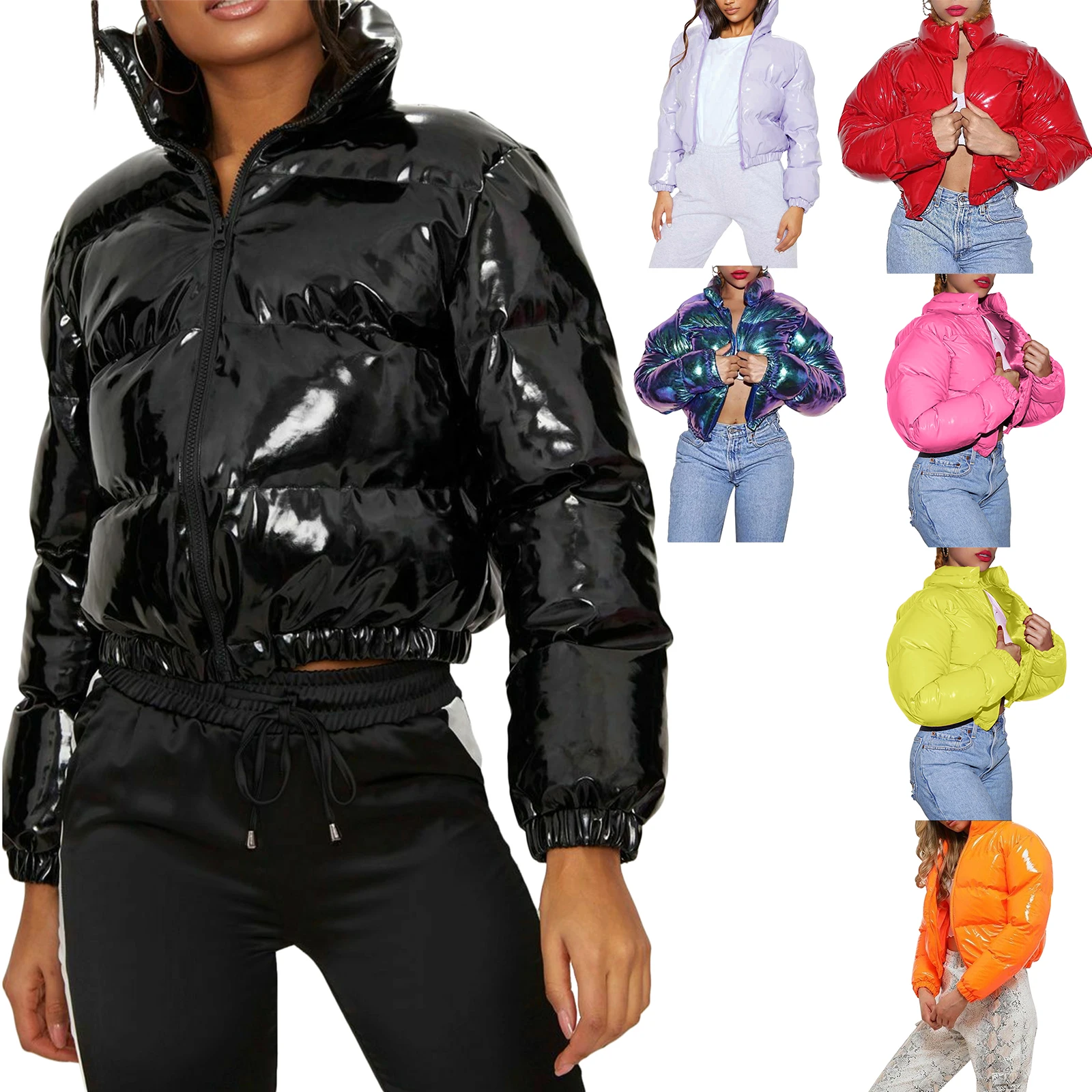 hrigin New Fashion Women Winter Quilted Puffer Jackets Glossy Long Sleeve Stand Collar Metallic Cropped Down Jackets Coat