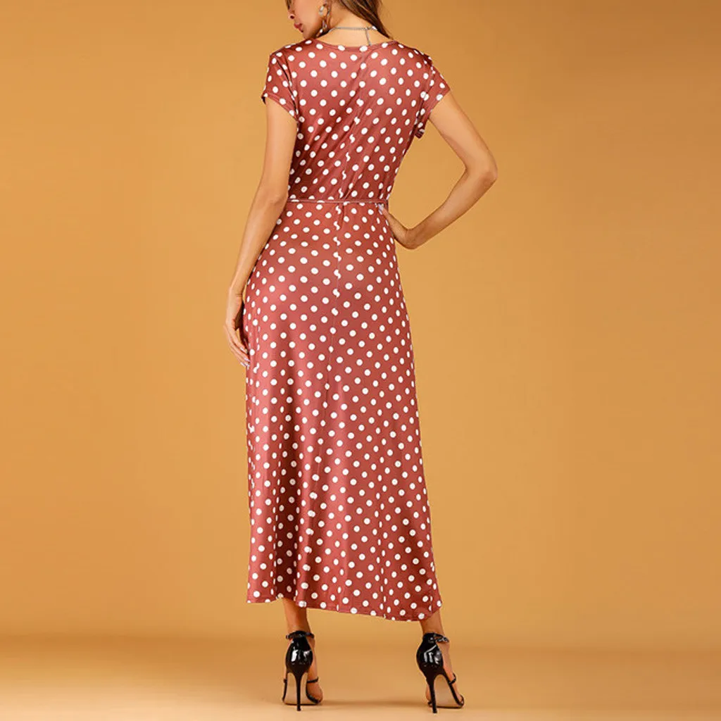 

Spring Summer Autumn Chiffon Print Dress Womens Fashion Bohe Dot Print V-Neck Short Sleeve Dress Ladies Sexy Party Dress Z423