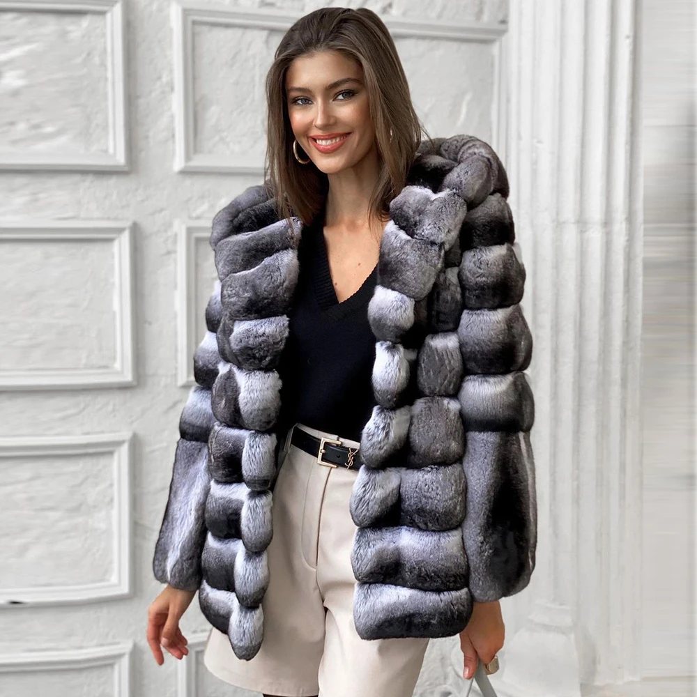 Enlarge Women Medium Length Real Rex Rabbit Fur Coat with Hood Thick Warm Winter Fur Overcoats Chinchilla Color Natural Rabbit Jackets