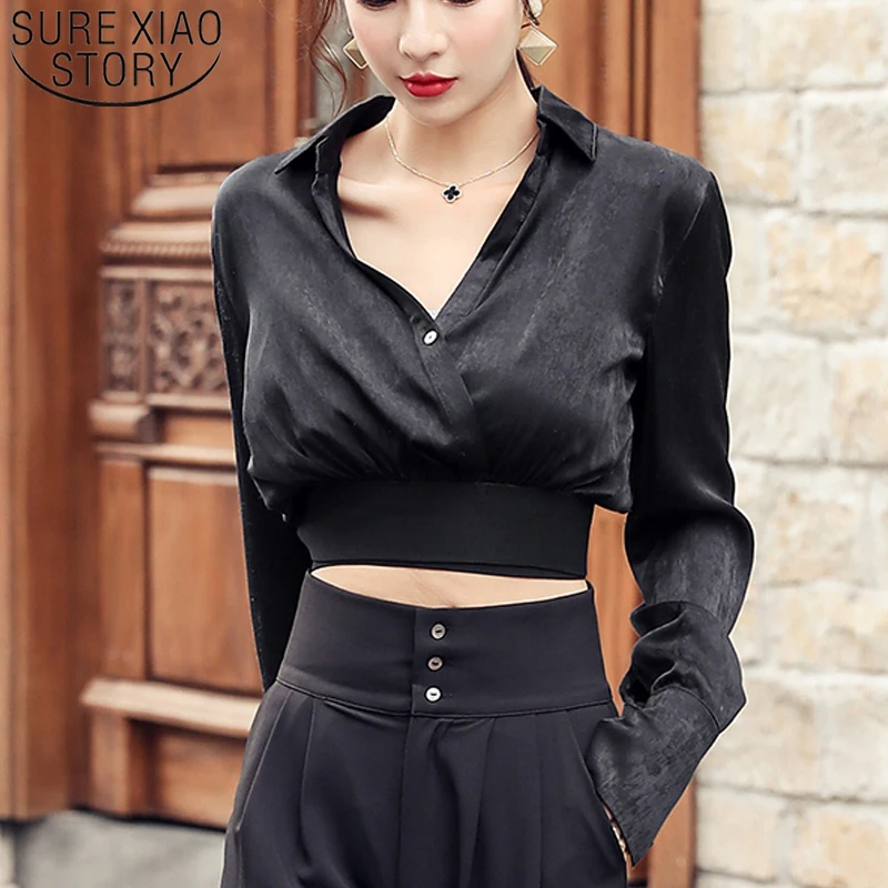 

Новинка Весна 2020 шикарная женская блузка в гонконгском стиле с высокой талией и V-образным вырезом из латуни с высокой талией Женская рубашк...