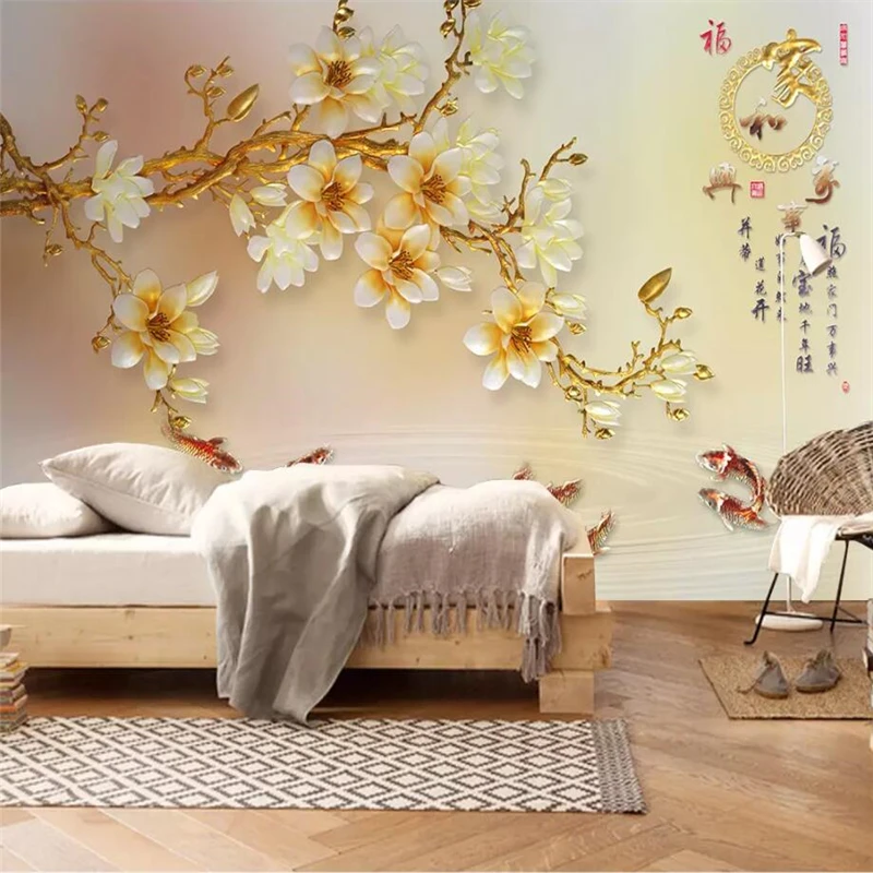

Custom wallpaper 3d mural color carved magnolia living room Hotel tv background wall art glass mural papel de parede wallpaper