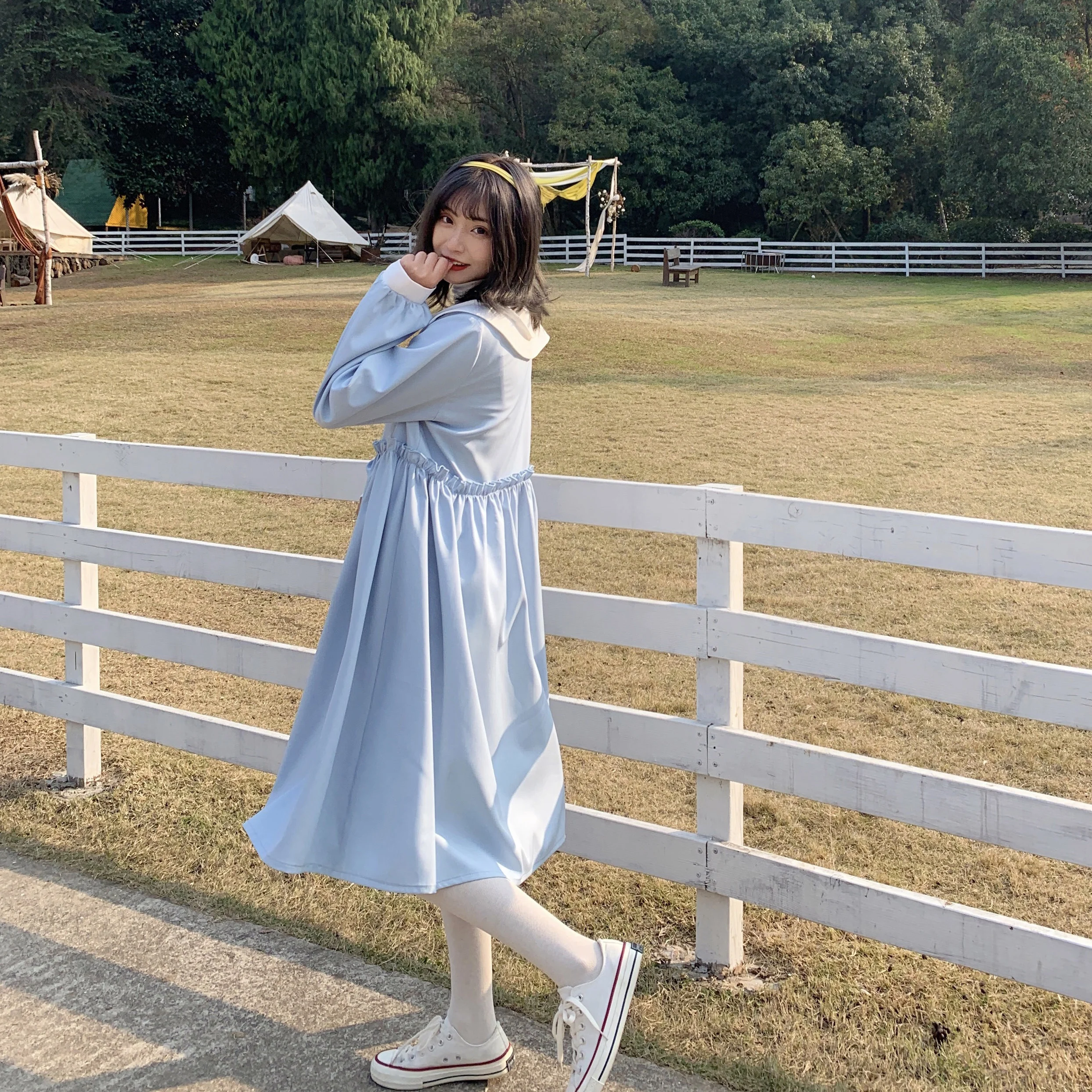 

sweet style Women's Clothing Dresses button Peter pan collar puff sleeve solid a-line knee-length spring new fashion brand