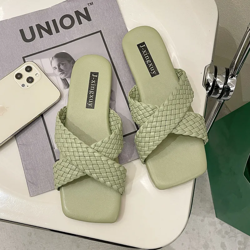 

Shoes Women Ladies' Slippers Med Luxury Slides Pantofle Shale Female Beach Soft Flat Designer 2021 Sabot Rubber Cross-tied PU