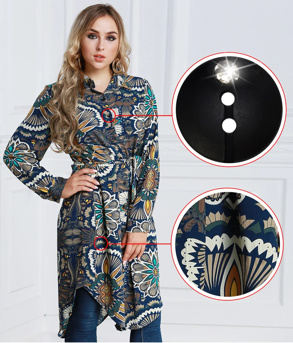 

2019 Fashion Muslim clothing long sleeve print shirts blouse for women Pakistan Blouse split Hem Tops