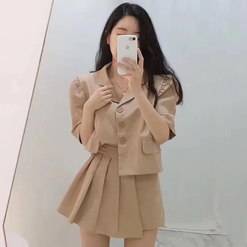 

new Summer Women Two Piece Set Top and Skirt Short Sleeve Single Breasted Backless Blouse + High Waist Sexy Mini Pleated Skirt