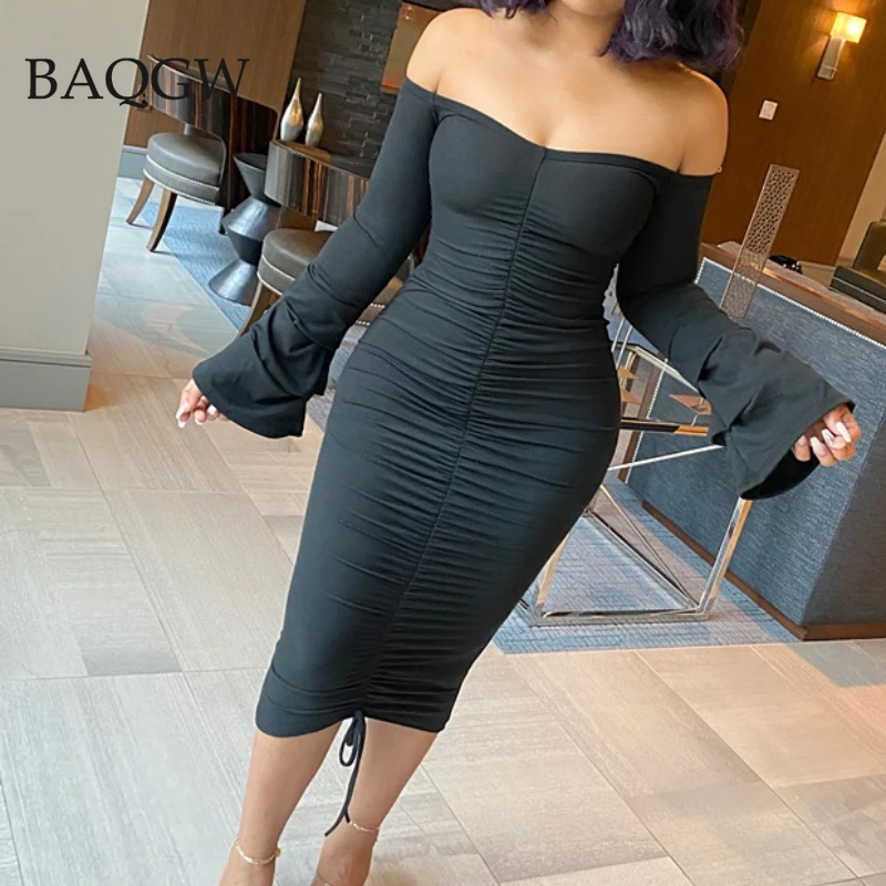 

Elegant Off Shoulder Long Sleeve Party Women Dress Solid Fashion Knitted Drawstring Flare Sleeve Bodycon White Dress Plus Size