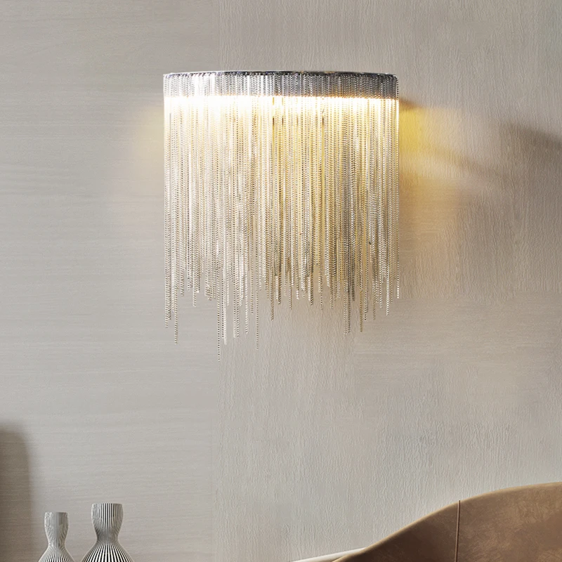 

2020 new modern light luxury wall lamp bedroom bedside lamp simple creative living room led silver tassel lamp