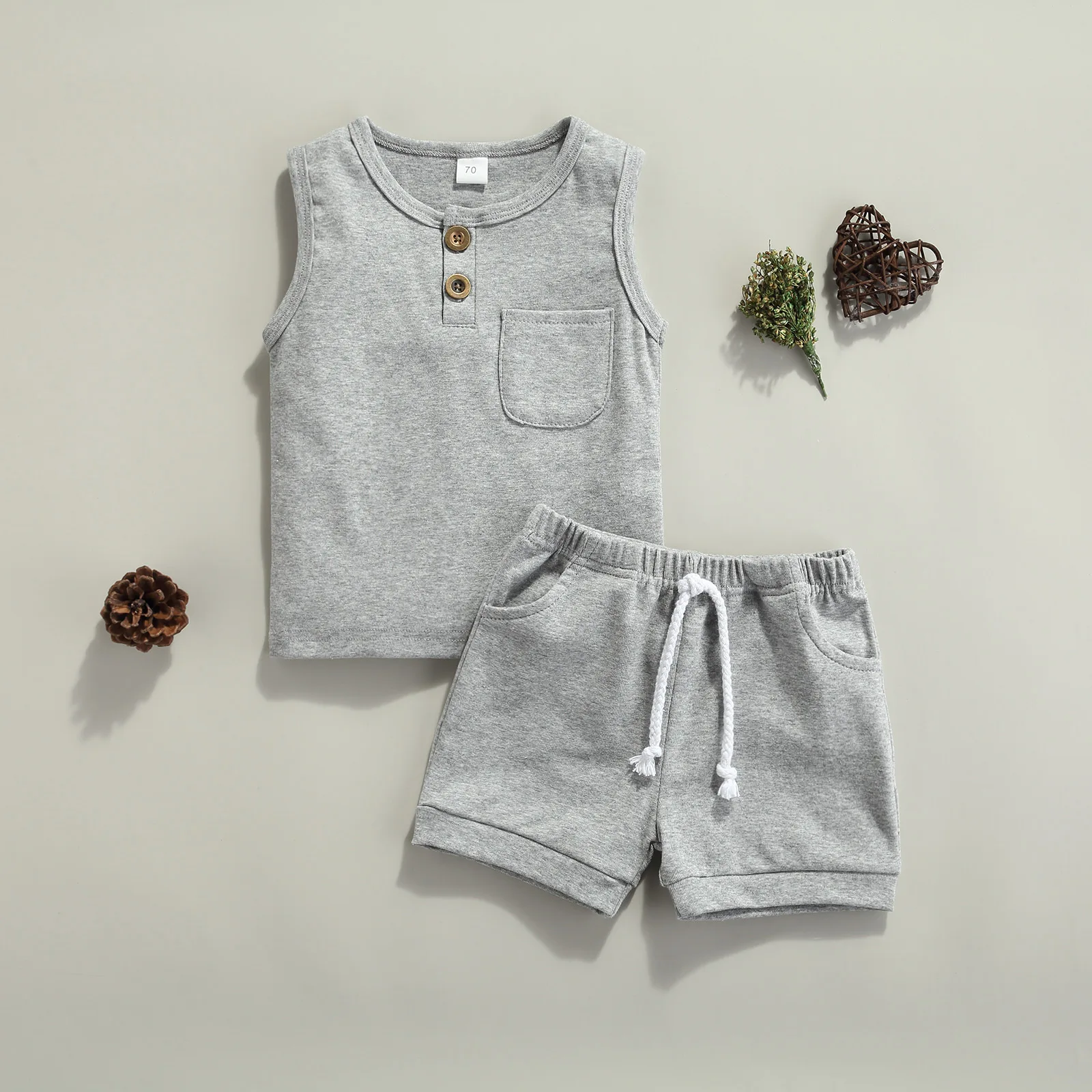 Летняя одежда для новорожденных однотонная майка с круглым вырезом и карманами +