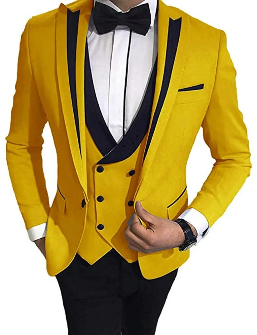 

One Button Men Suits Yellow and Black Groom Tuxedos Peak Lapel Groomsmen 3 Pieces Set ( Jacket+Pants+Vest+Bow Tie ) D349