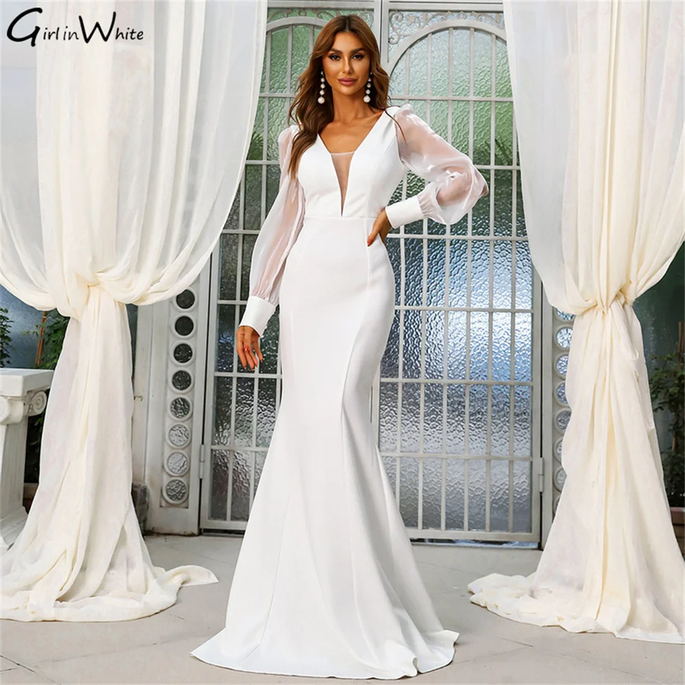 

Elegant Modern Satin Mermaid Wedding Dress Long Lantern Sleeve Bridal Gowns V Back Bride Dresses Sweep Train Vestido De Noiva
