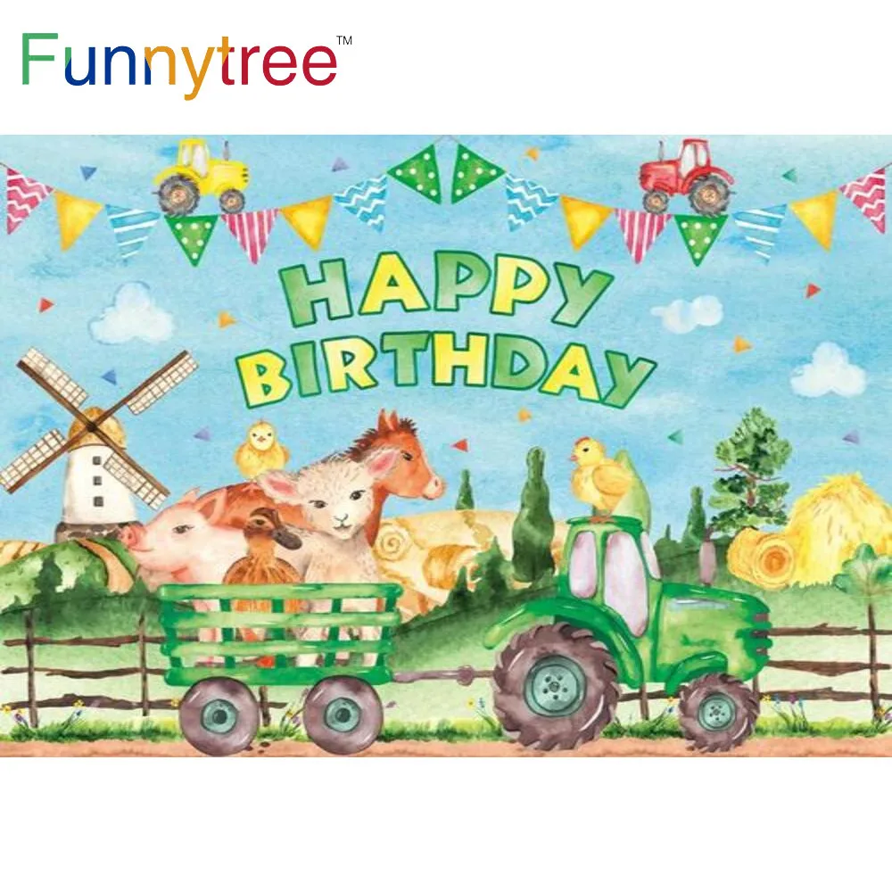 

Funnytree Happy Birthday Theme Backdrop Bunting Farmland Haystack Tree Windmill Animals Baby Shower Custom Poster Background