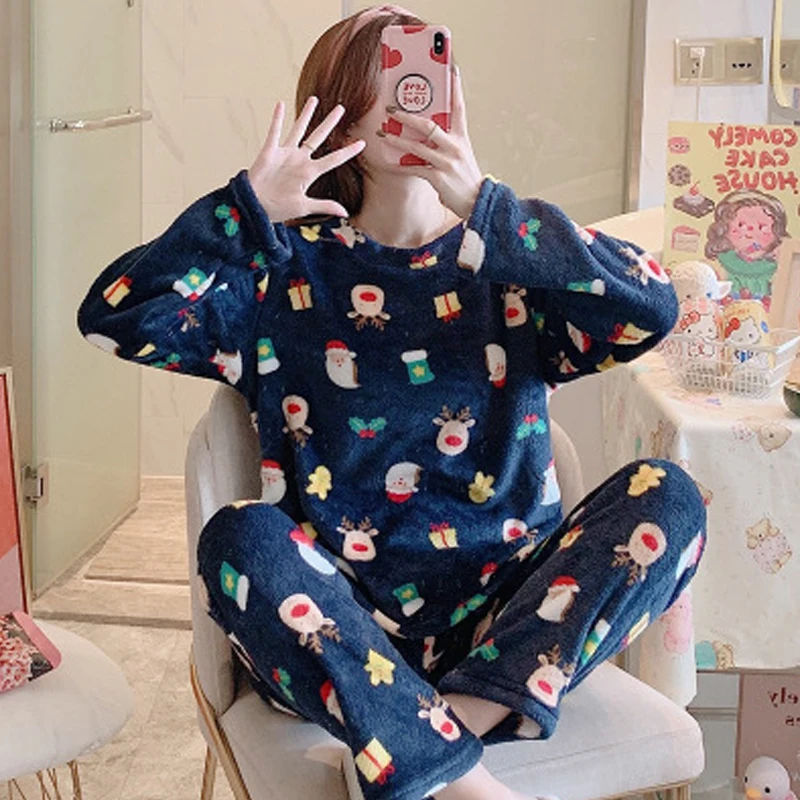 

Kawaii Cow and Duck Print Fall Winter Warm Flannel Women Pyjamas Sets Thick Coral Velvet Long Sleeve Sleepwear Pajamas Set Girl