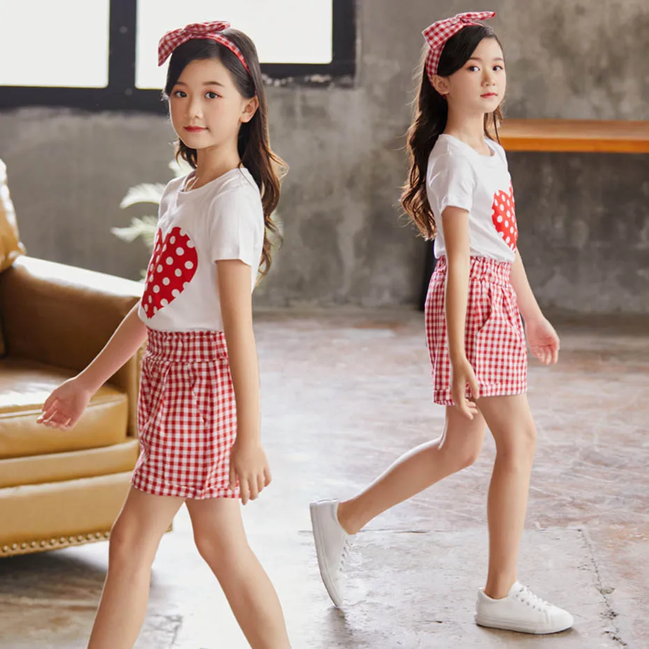 Летняя одежда для девочек костюм с рисунком сердца футболка + штаны комплекты