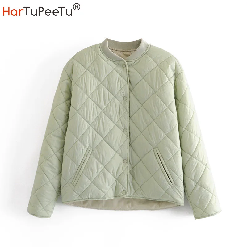 

Autumn Winter Women Argyle Padded Cotton Jacket Casual Thin and Light Long Sleeve Button Up Coat With Pockets Female Loose Coats
