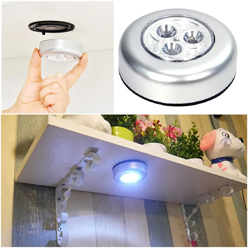 

3 Led Silver Closet Cabinet Lamp Battery Powered Wireless Stick Tap Touch Push Security Kitchen Bedroom Night Light 1pc