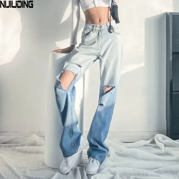 

Women Retro Jeans High Waist Ripped Hole Fringe Hem Female Wide Leg Denim Jeans 2021 Streetwear Gradient Color Denim Trousers