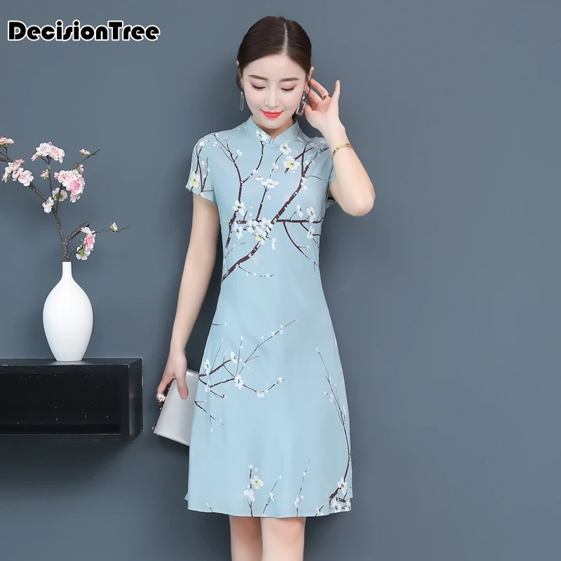 Ретро vestido chines qipao женское традиционное китайское платье с коротким рукавом и воротником-стойкой vestidos cheongsam