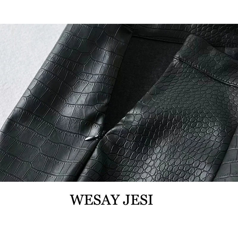 

WESAY JESI Summer PU Leather Short Skirt European Alligator Pattern Zipper A-line Mini Faux Leather Skirts Black Leather Skirt