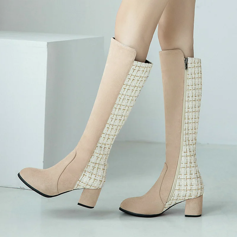 

Black Apricot Faux Suede Women Knee High Boots Patchwork Fashion Round Toe Calf Boots Side Zipper Square Heel Winter Boots
