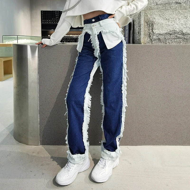 

SeeBeautiful с неровным краем и свободные джинсы с высокой талией, джинсовые штаны с карманами контраст Цвет Новая мода 2021 весенние женские E051