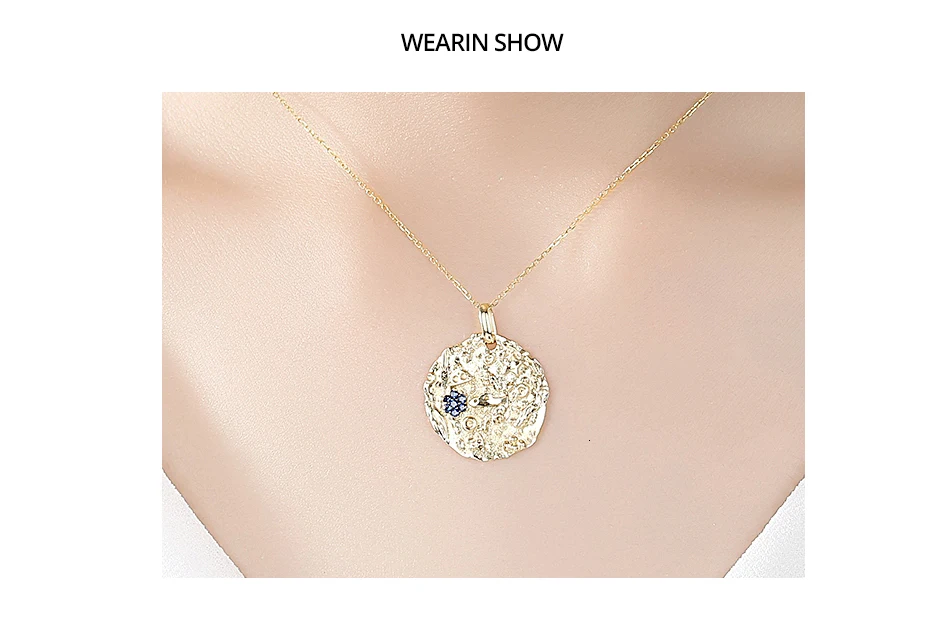 CZCITY Brand Solid Pure 14k Gold Round Pendant Necklaces for Women Blue AAA CZ Yellow Gold Fine Jewelry Gift Au 585 N14138