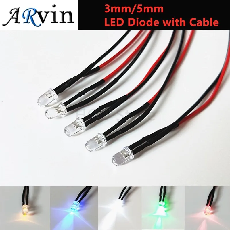 

5pcs 3MM/5MM LED 20cm Diode Red Yellow Blue Green White Warm Pink Purple Orange RGB Slow Falsh Light Emitting Diodes With Cable