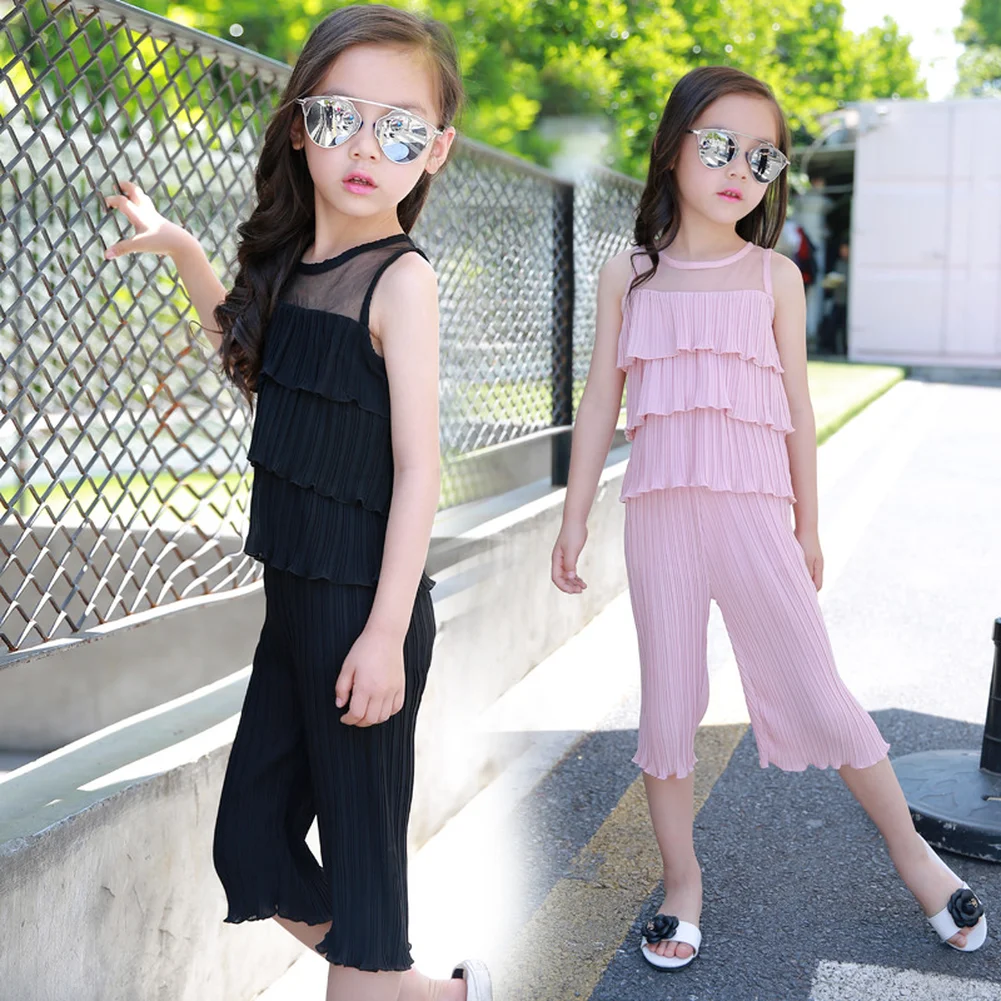 

Girls' Fashion Pleated Top + Wide Leg Pants 2021 New Summer Korean Chiffon Child Children's Dress Two-Piece Suit 4 5 6 7 8 9Y