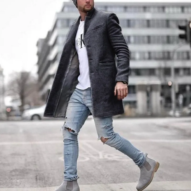 

New Men Wool Blend Coats Autumn Winter Mens Solid Color Mid-Length Thick Warm Outerwear Slim Fit Male Clothing Windbreaker