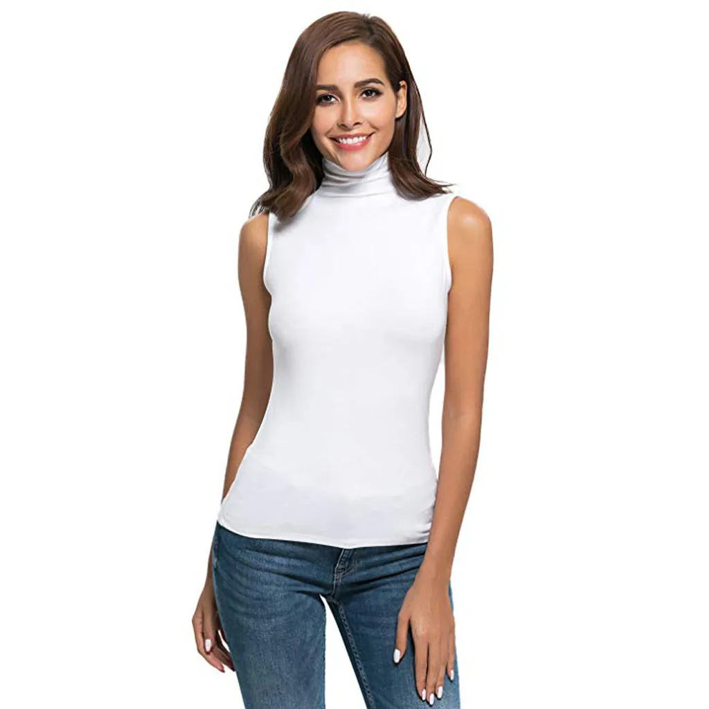 

Solid Color Women's Tank Top Fit Turtleneck Womens Tshirts Sleeveless Slim Tee Casual Shirt Summer Top Open Shoulder T-shirt