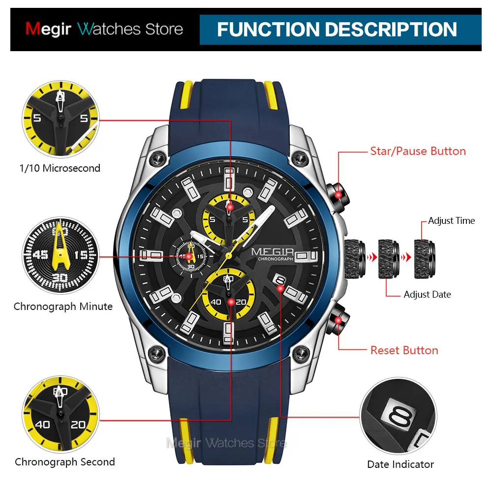 

MEGIR Fashion Watches Men Silicone Strap Chronograph Quartz Watch Luxury Top Brand Military Sport Wristwatch Luminous Waterproof
