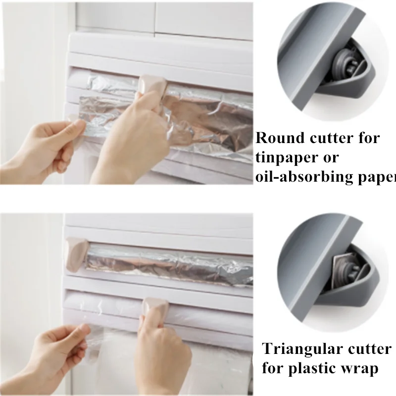 kitchen multi function plastic belt cutter wrap storage shelf wrap film cutter triple roll paper dispenser tin film towel holde free global shipping