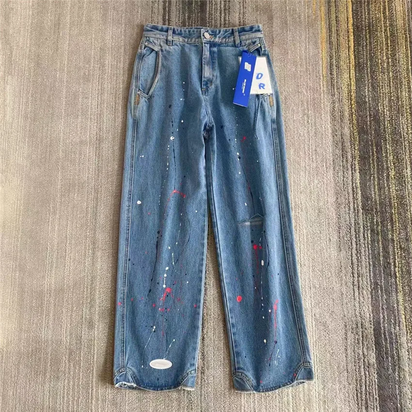 

2021ss Adererror lap Jeans Men Women Ripped Splash-ink Hand Painted Ader error Jeans Classic space logo Thousers