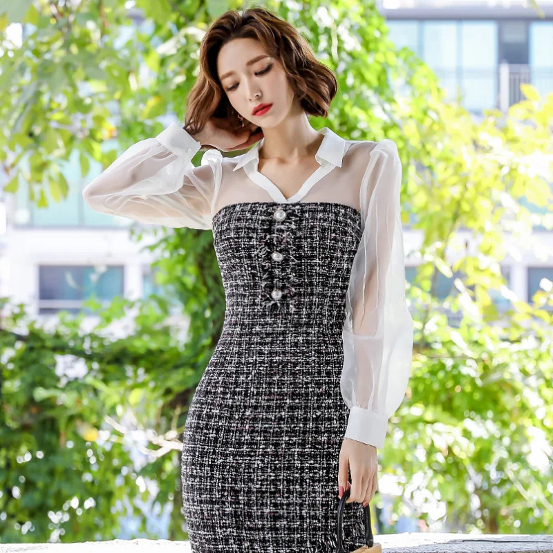 

Women Turn Down Collar Pencil Dress Winter Chiffon Patchwork Casual Tweed Dress Ladies Autumn Mini Vestidos Verano 2019 Mujer