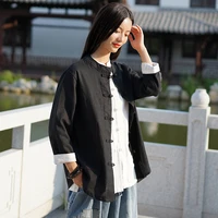 2021 spring new retro cotton and linen hand stitched buttoned shirt womens cardigan jacket top black blue martial arts shirt