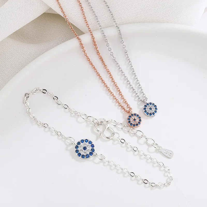 

YSH New 100% 925 Sterling Silver Blue CZ Demon Eye Round Necklaces & Bracelet 2020 Women Fashion DIY Jewelry Gifts Free Shipping