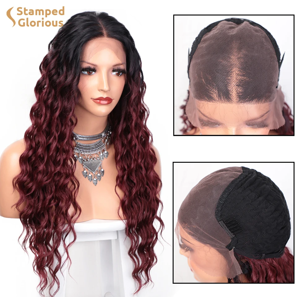 

Stamped Glorious Synthetic Long Deep Wave Wig for Women 13x4 Lace Front Wigs Omber Wine Red Middle Part Heat Resistant Fiber