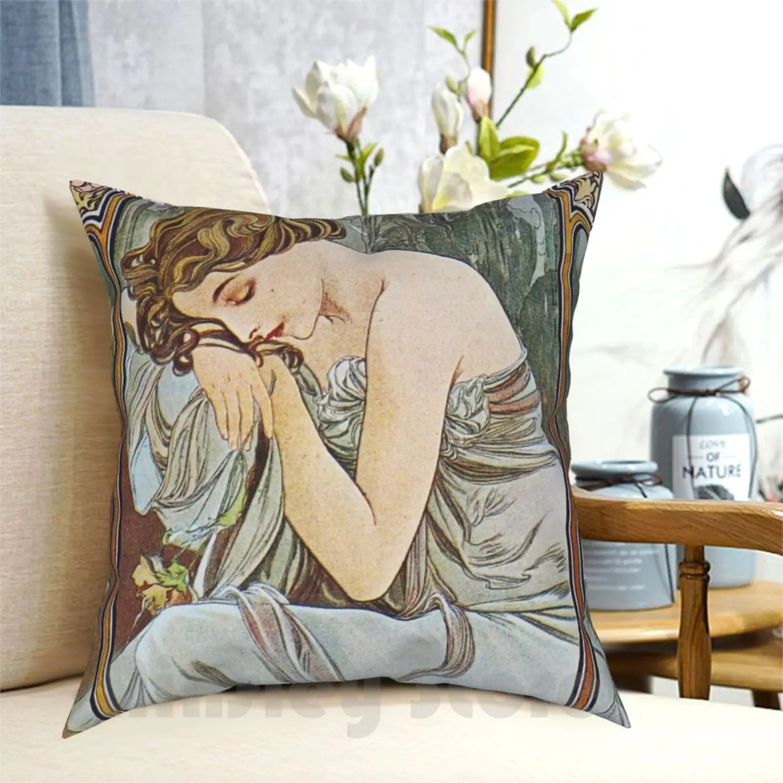 

Alphonse Mucha-Nocturnal Slumber Pillow Case Printed Home Soft DIY Pillow cover Makeup Girls Spring Health Summer Face Eyes